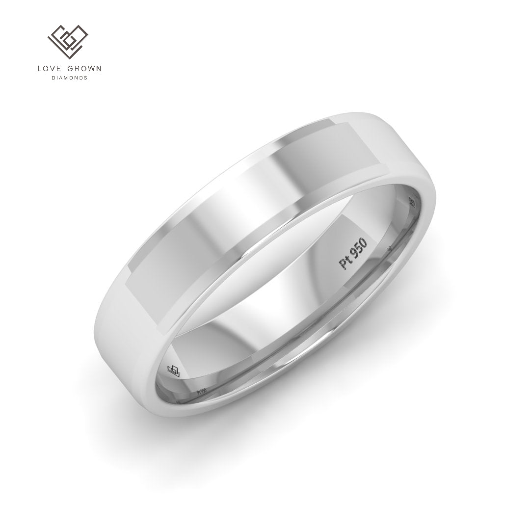 Men's platinum wedding band with beveled edge, 5mm width, elegant and modern design.