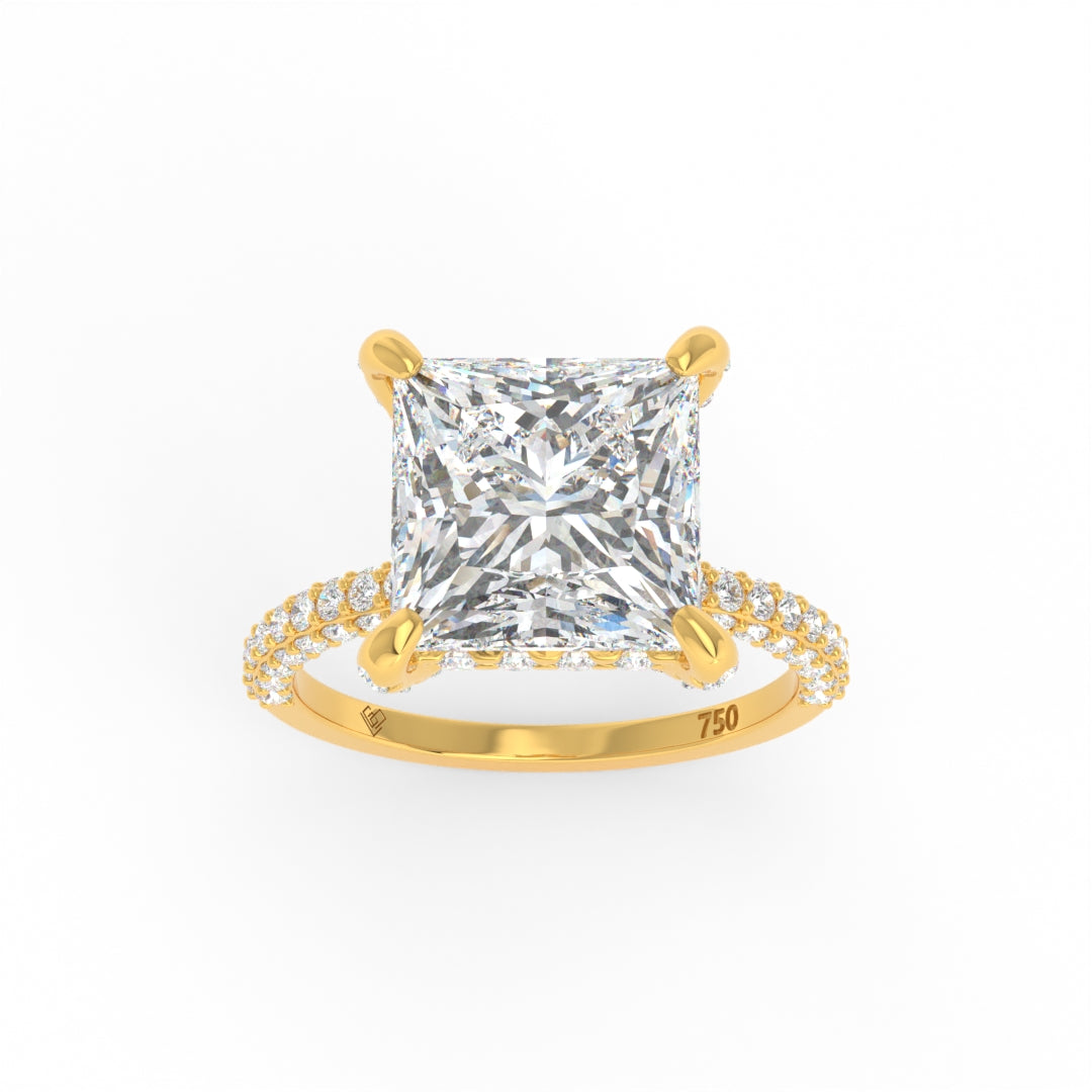 Bague de fiançailles Mia en diamant taille princesse avec halo de diamants cachés et anneau en diamant 3D