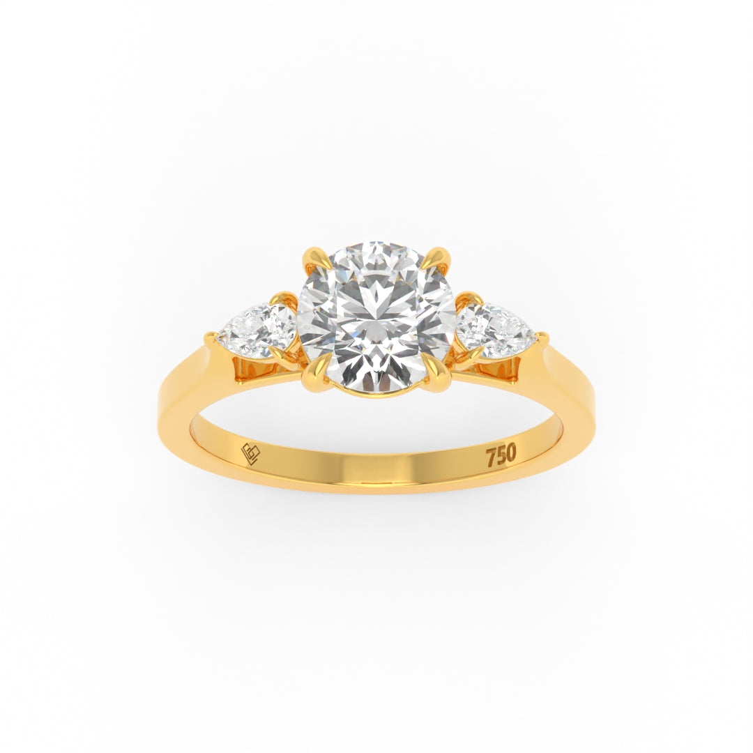 Sofia Round Brilliant Cut Diamond engagement ring with pear cut side diamonds on 18k gold band