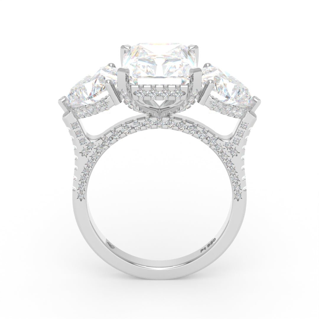Victoria Radiant Cut Diamond Engagement Ring with Heart Cut Side Diamonds and 3D Diamond Band