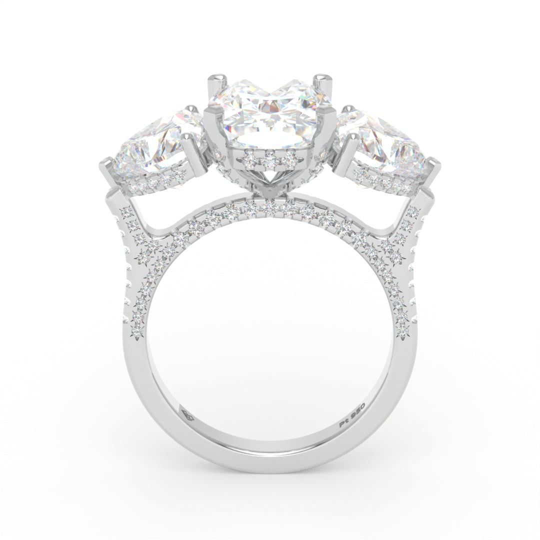 Victoria Cushion Cut Diamond Engagement Ring with Heart Cut Side Diamonds and 3D Diamond Band