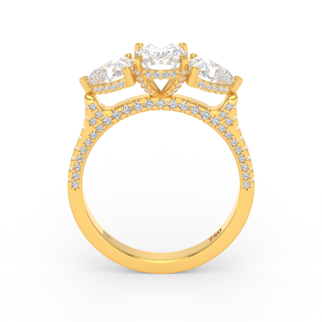 Victoria Cushion Cut Diamond Engagement Ring with Heart Cut Side Diamonds and 3D Diamond Band