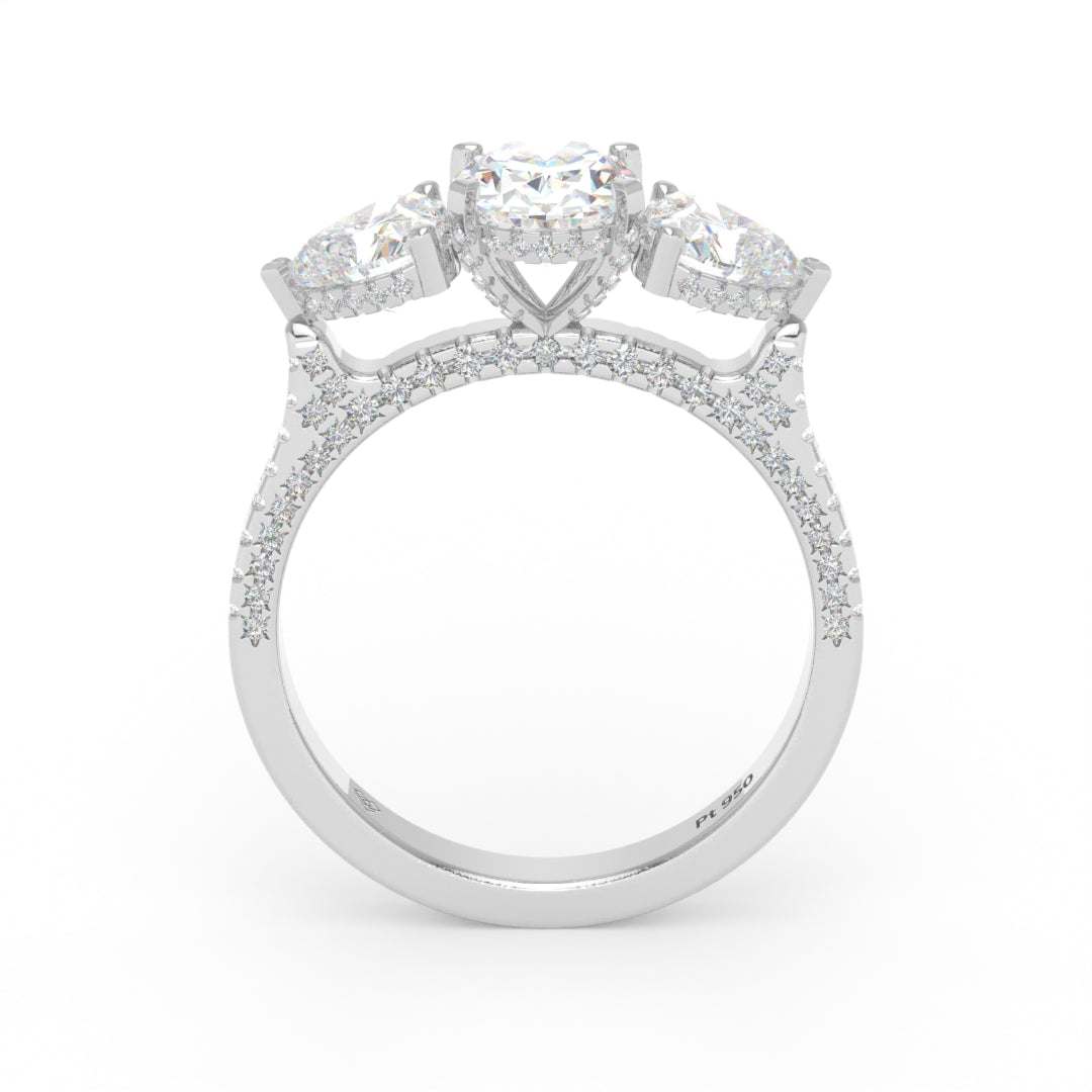 Victoria Oval Cut Diamond Engagement Ring with Heart Cut Side Diamonds and 3D Diamond Band