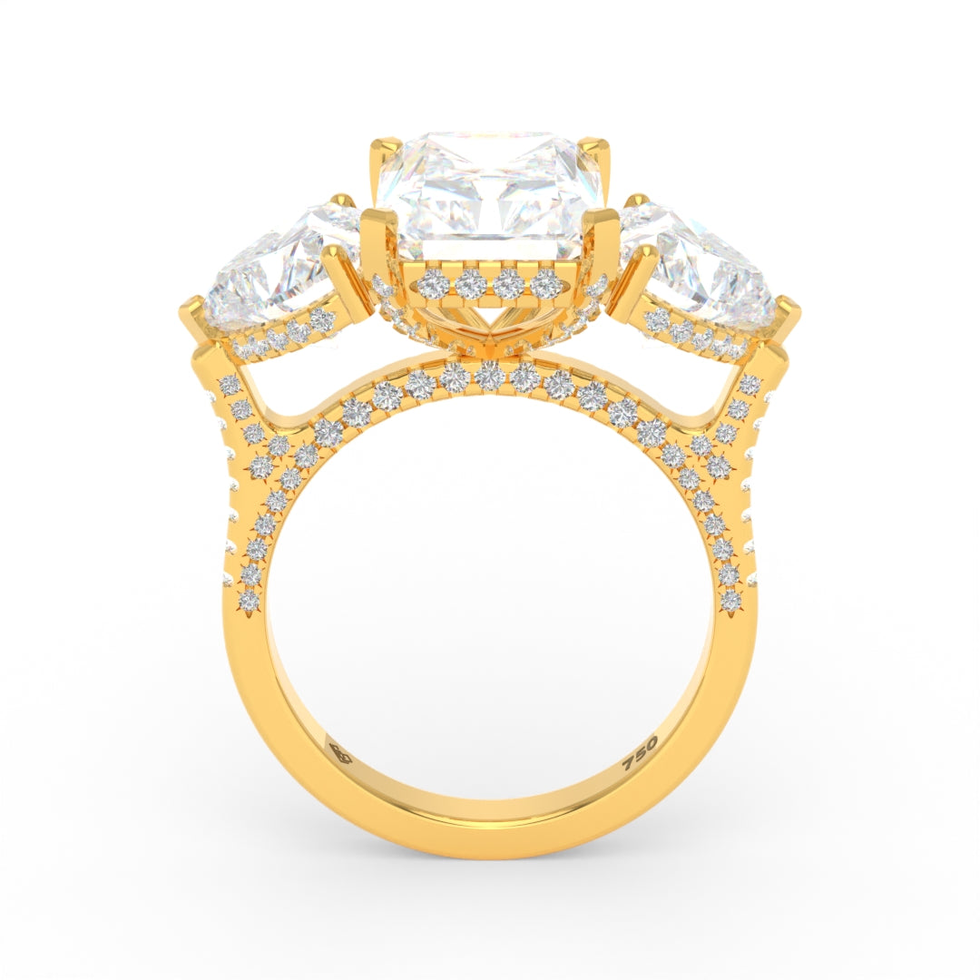 Victoria Radiant Cut Diamond Engagement Ring with Heart Cut Side Diamonds and 3D Diamond Band