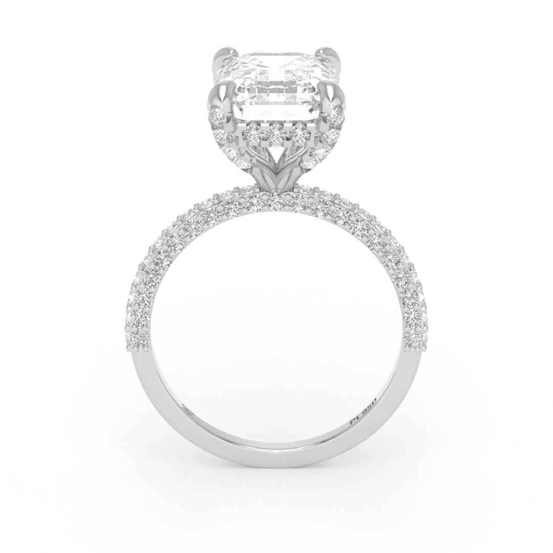 Mia Emerald Cut Diamond Engagement Ring with Diamond Hidden Halo and 3D Diamond Band