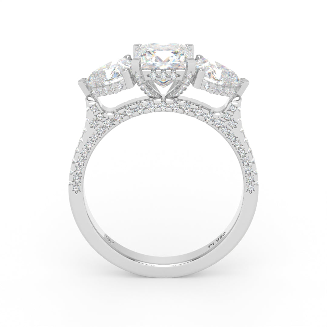 Victoria Princess Cut Diamond Engagement Ring with Heart Cut Side Diamonds and 3D Diamond Band