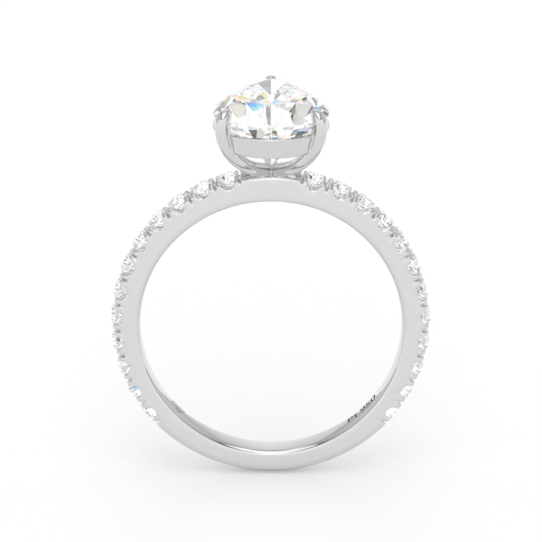 Abigail pear engagement ring with pear cut solitaire diamond and diamond band in platinum setting