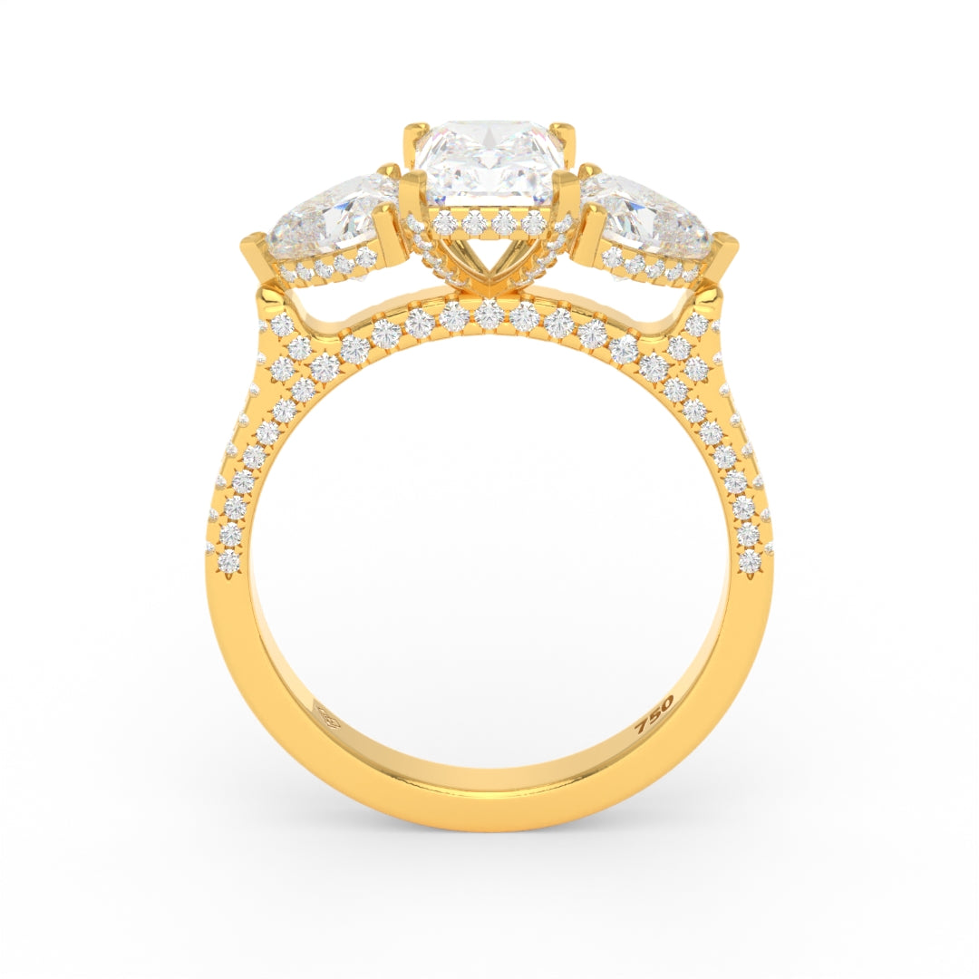 Victoria Radiant Cut Diamond Engagement Ring with Heart Cut Side Diamonds and 3D Diamond Band