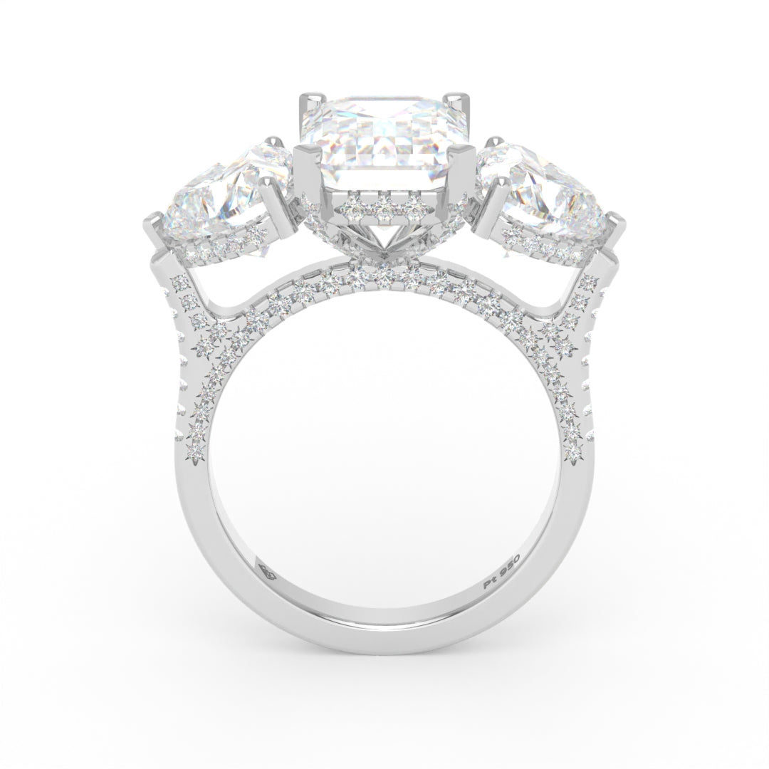 Victoria Emerald Cut Diamond Engagement Ring with Heart Cut Side Diamonds and 3D Diamond Band