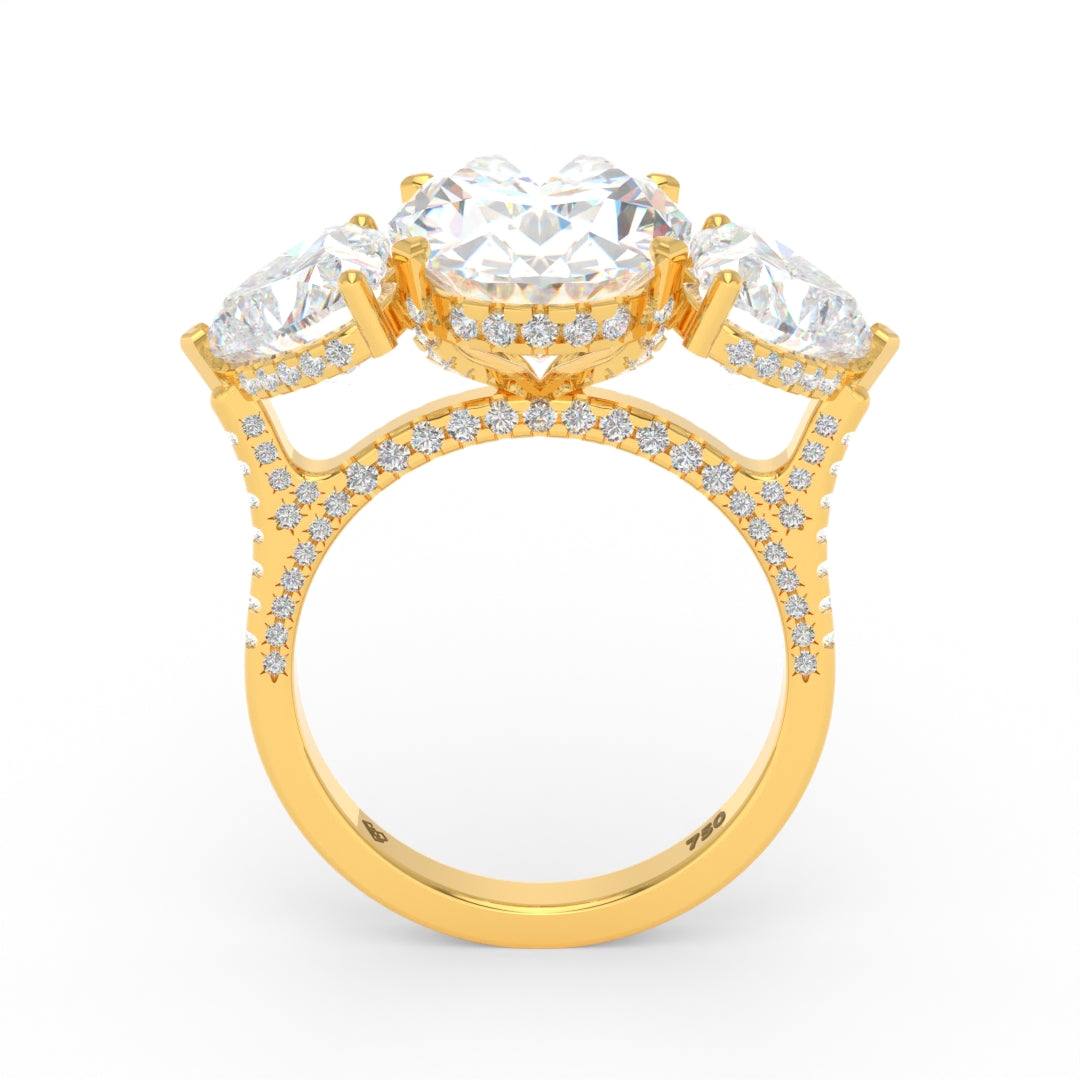 Victoria Oval Cut Diamond Engagement Ring with Heart Cut Side Diamonds and 3D Diamond Band