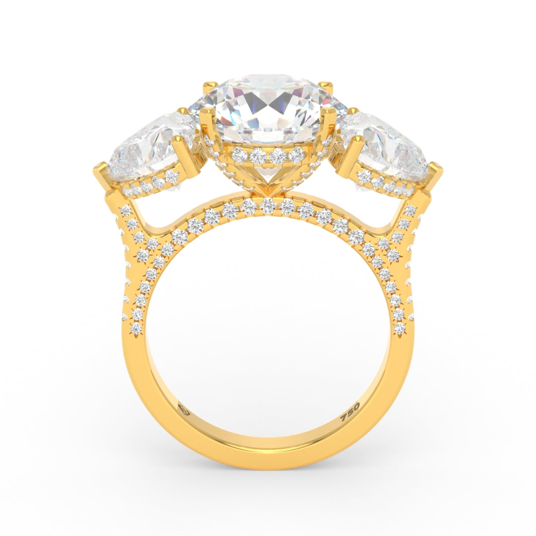 Victoria Round Brilliant Cut Diamond Engagement Ring with Heart Cut Side Diamonds and 3D Diamond Band