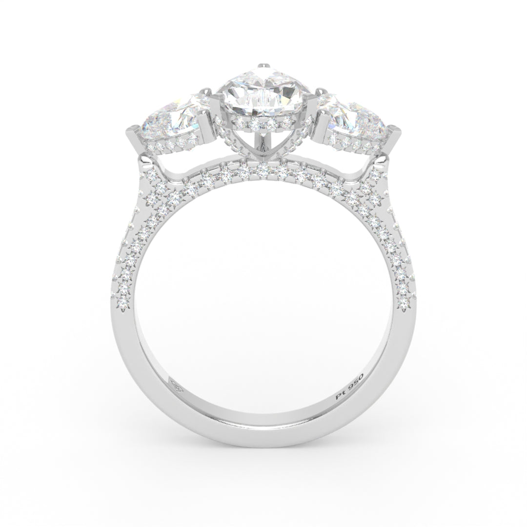 Victoria Pear Cut Diamond Engagement Ring with Heart Cut Side Diamonds and 3D Diamond Band