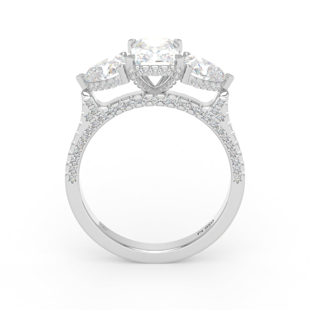 Victoria Radiant Cut Diamond Engagement Ring with Heart Cut Side Diamonds and 3D Diamond Band