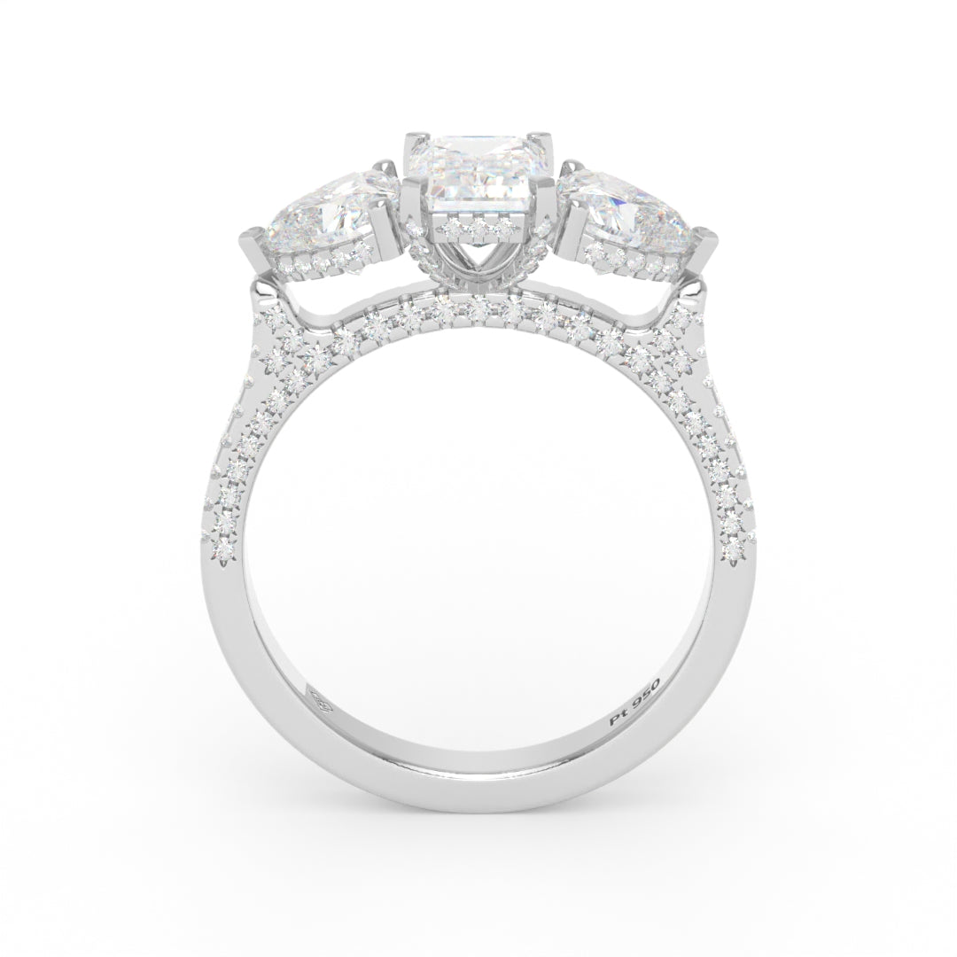 Victoria Emerald Cut Diamond Engagement Ring with Heart Cut Side Diamonds and 3D Diamond Band