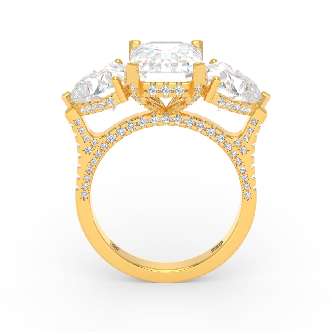 Victoria Emerald Cut Diamond Engagement Ring with Heart Cut Side Diamonds and 3D Diamond Band