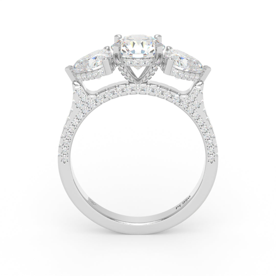 Victoria Round Brilliant Cut Diamond Engagement Ring with Heart Cut Side Diamonds and 3D Diamond Band