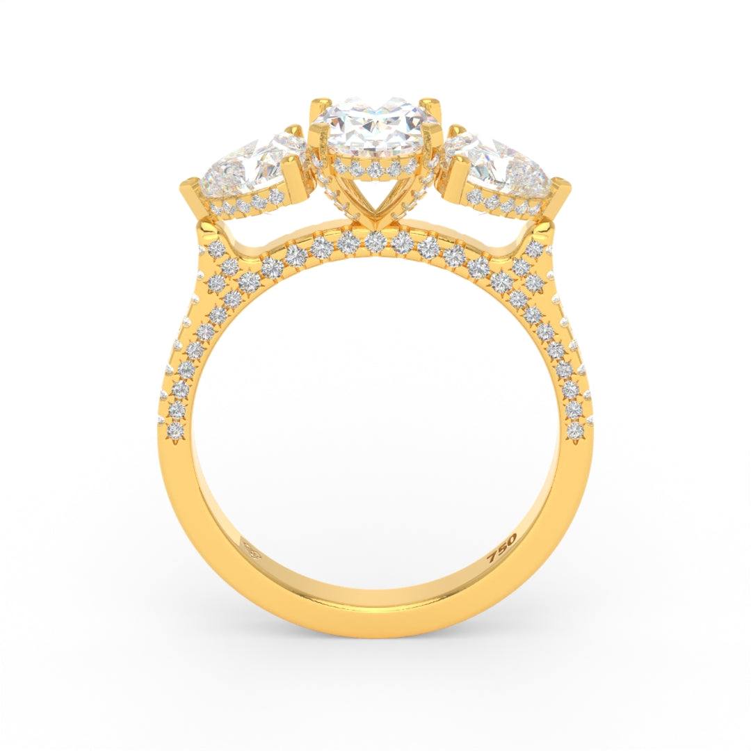 Victoria Oval Cut Diamond Engagement Ring with Heart Cut Side Diamonds and 3D Diamond Band