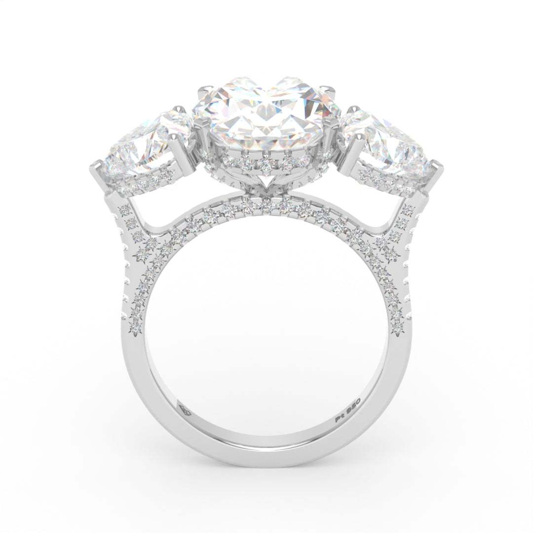 Victoria Oval Cut Diamond Engagement Ring with Heart Cut Side Diamonds and 3D Diamond Band
