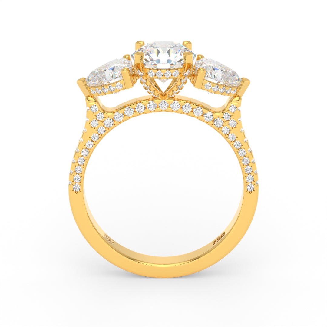 Victoria Round Brilliant Cut Diamond Engagement Ring with Heart Cut Side Diamonds and 3D Diamond Band