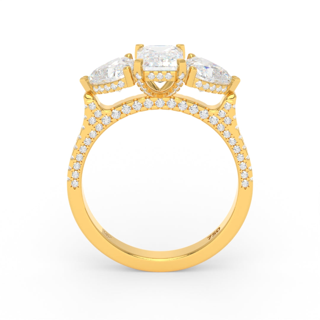 Victoria Emerald Cut Diamond Engagement Ring with Heart Cut Side Diamonds and 3D Diamond Band