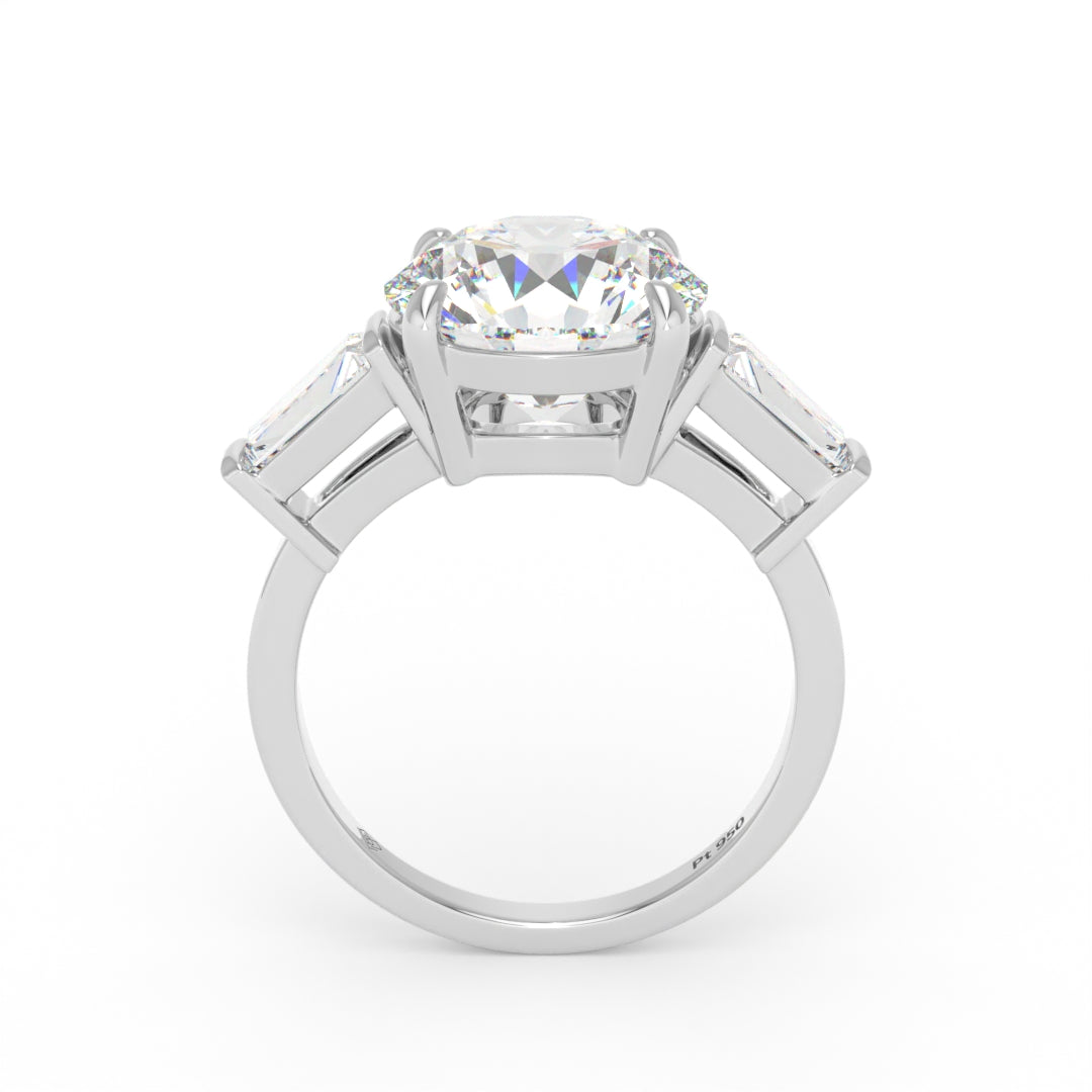 Bague de fiançailles Mary avec diamant rond taille brillant et diamants latéraux taille baguette effilés