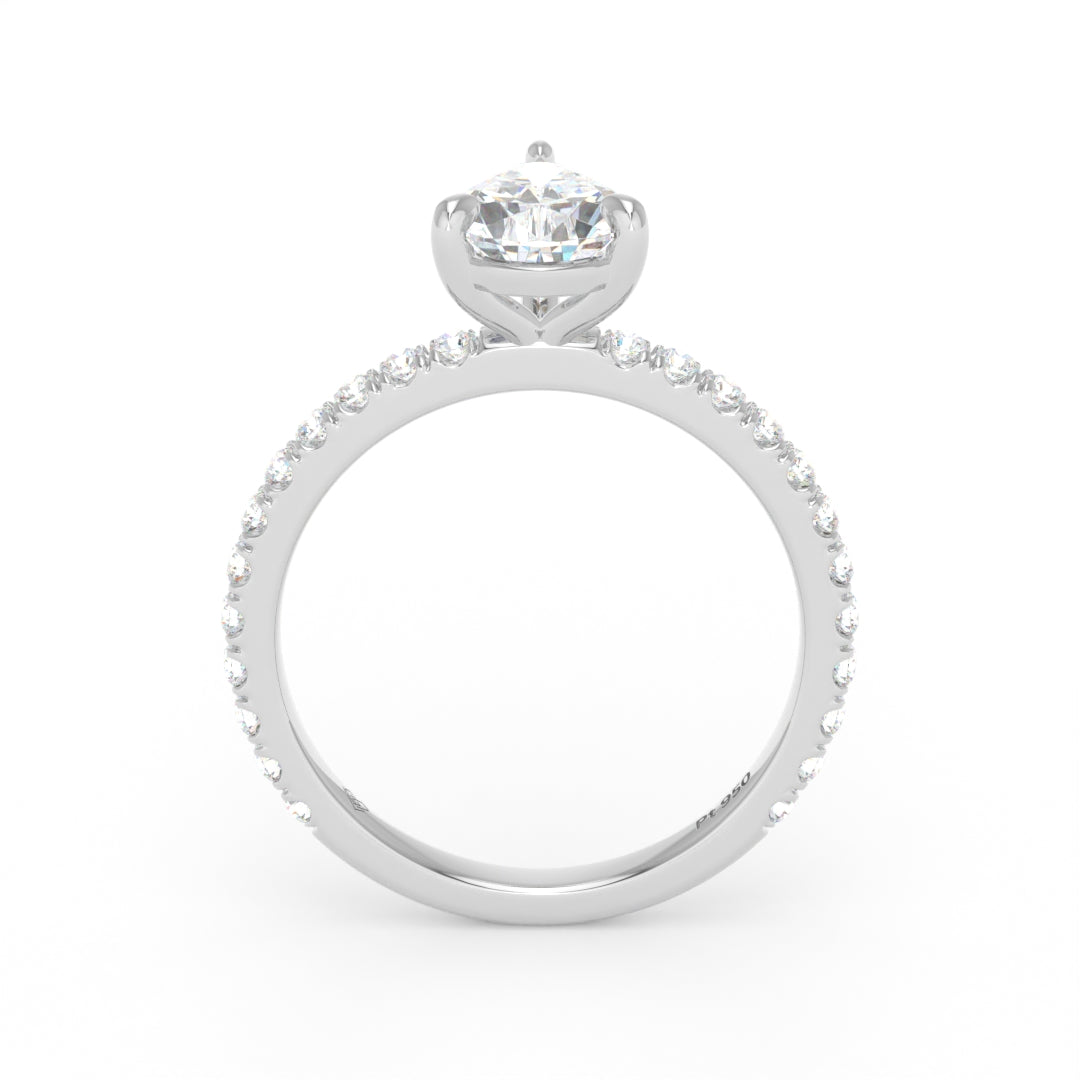 Abigail pear engagement ring with pear cut solitaire diamond and diamond band in platinum 4 claw mount