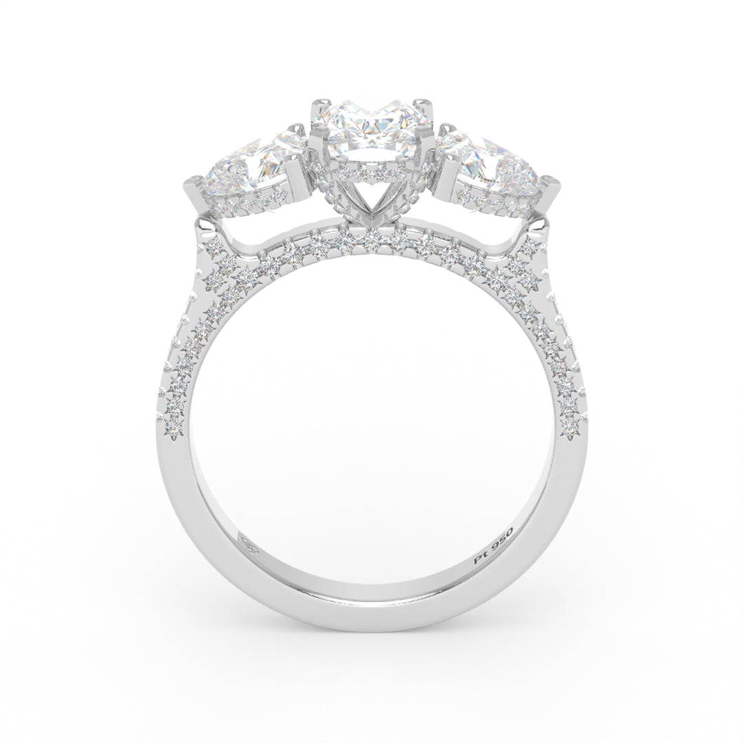 Victoria Cushion Cut Diamond Engagement Ring with Heart Cut Side Diamonds and 3D Diamond Band