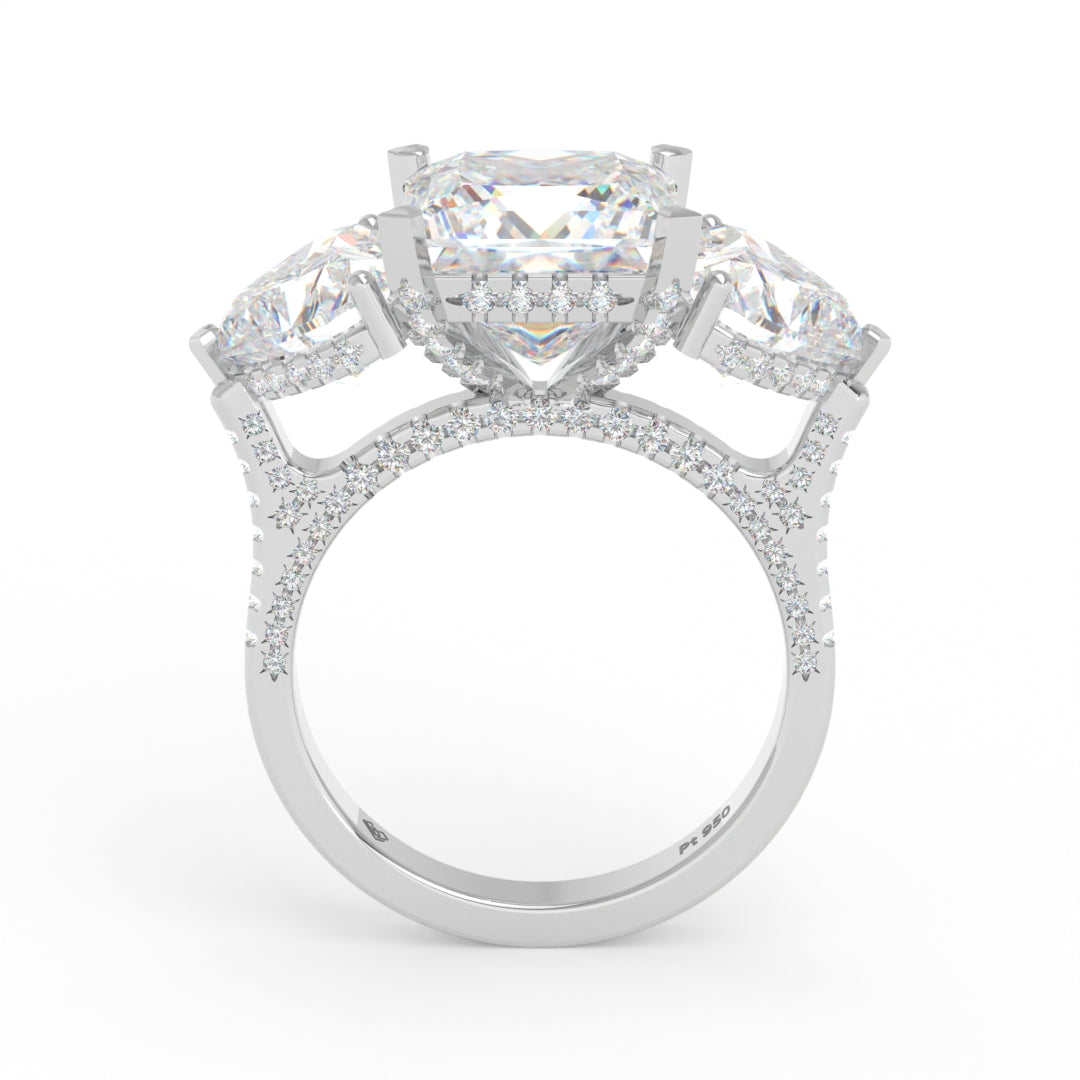 Bague de fiançailles Victoria en diamant taille princesse avec diamants latéraux taille cœur et anneau en diamant 3D