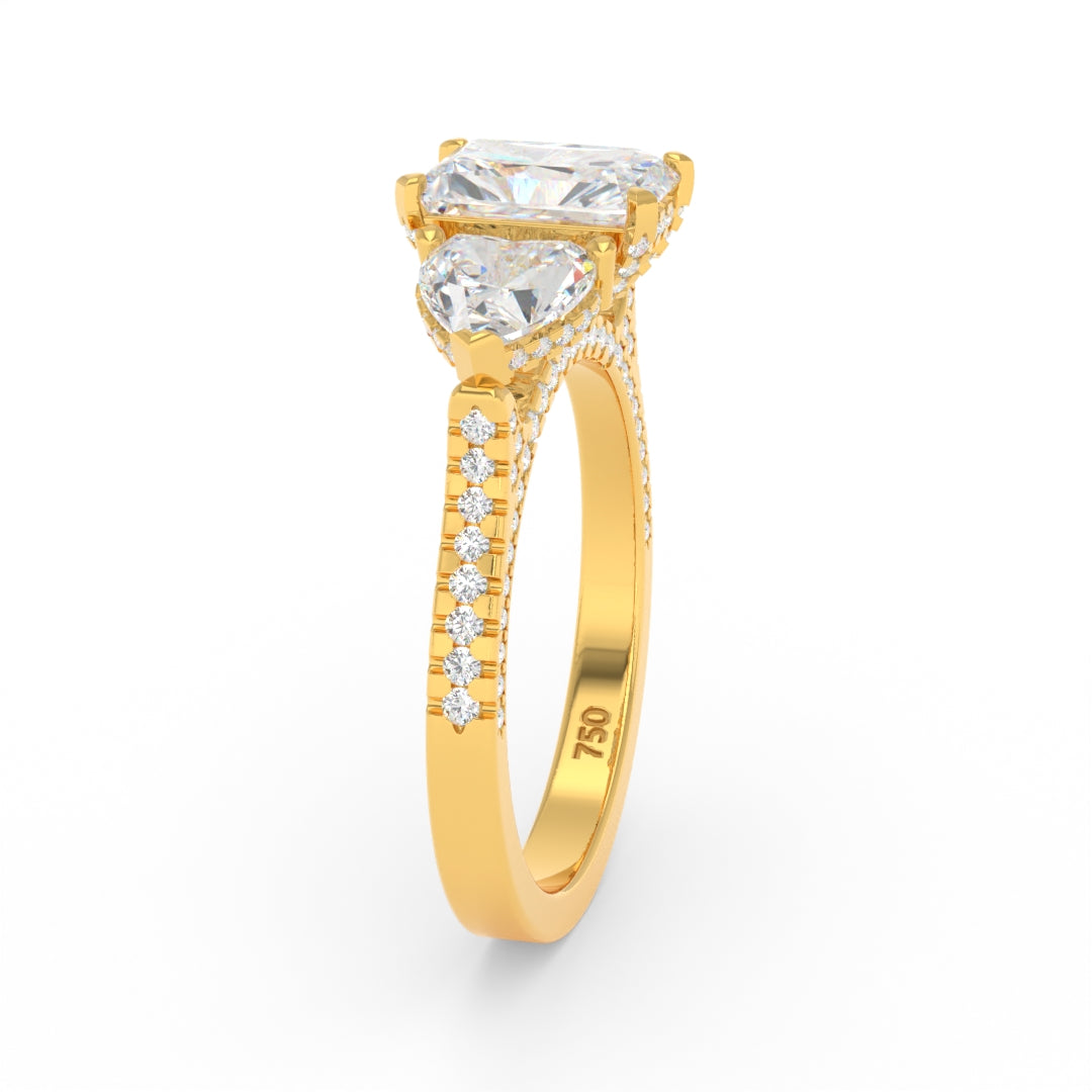 Victoria Radiant Cut Diamond Engagement Ring with Heart Cut Side Diamonds and 3D Diamond Band