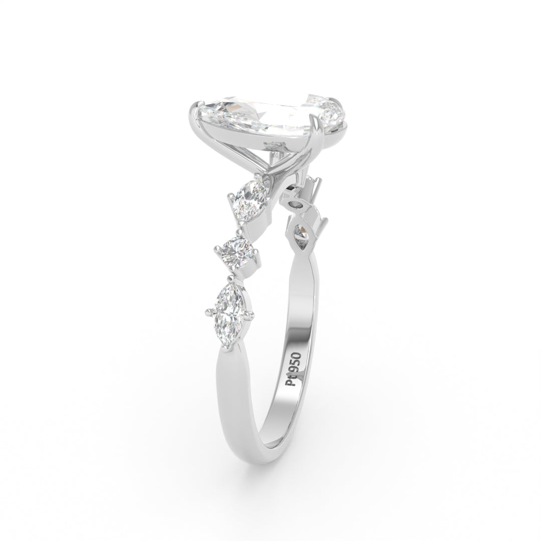 Elizabeth Pear Cut Diamond Engagement Ring With A Marquise And Round Cut Diamond Band