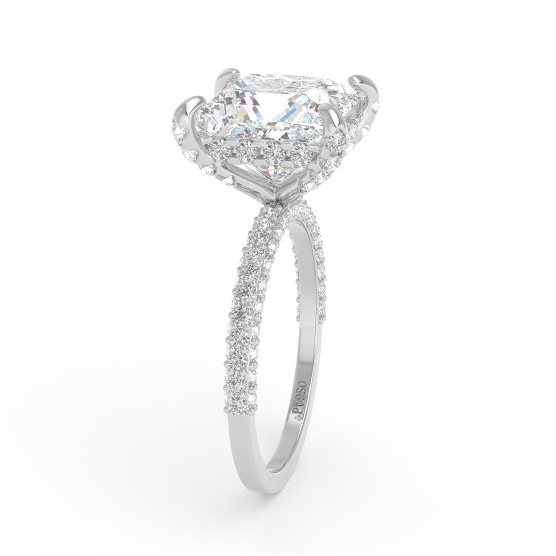 Bague de fiançailles Mia en diamant taille princesse avec halo de diamants cachés et anneau en diamant 3D