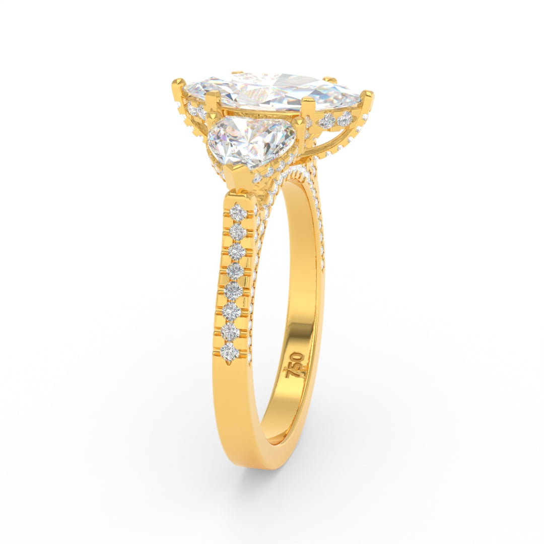 Victoria Marquise Cut Diamond Engagement Ring with Heart Cut Side Diamonds and 3D Diamond Band