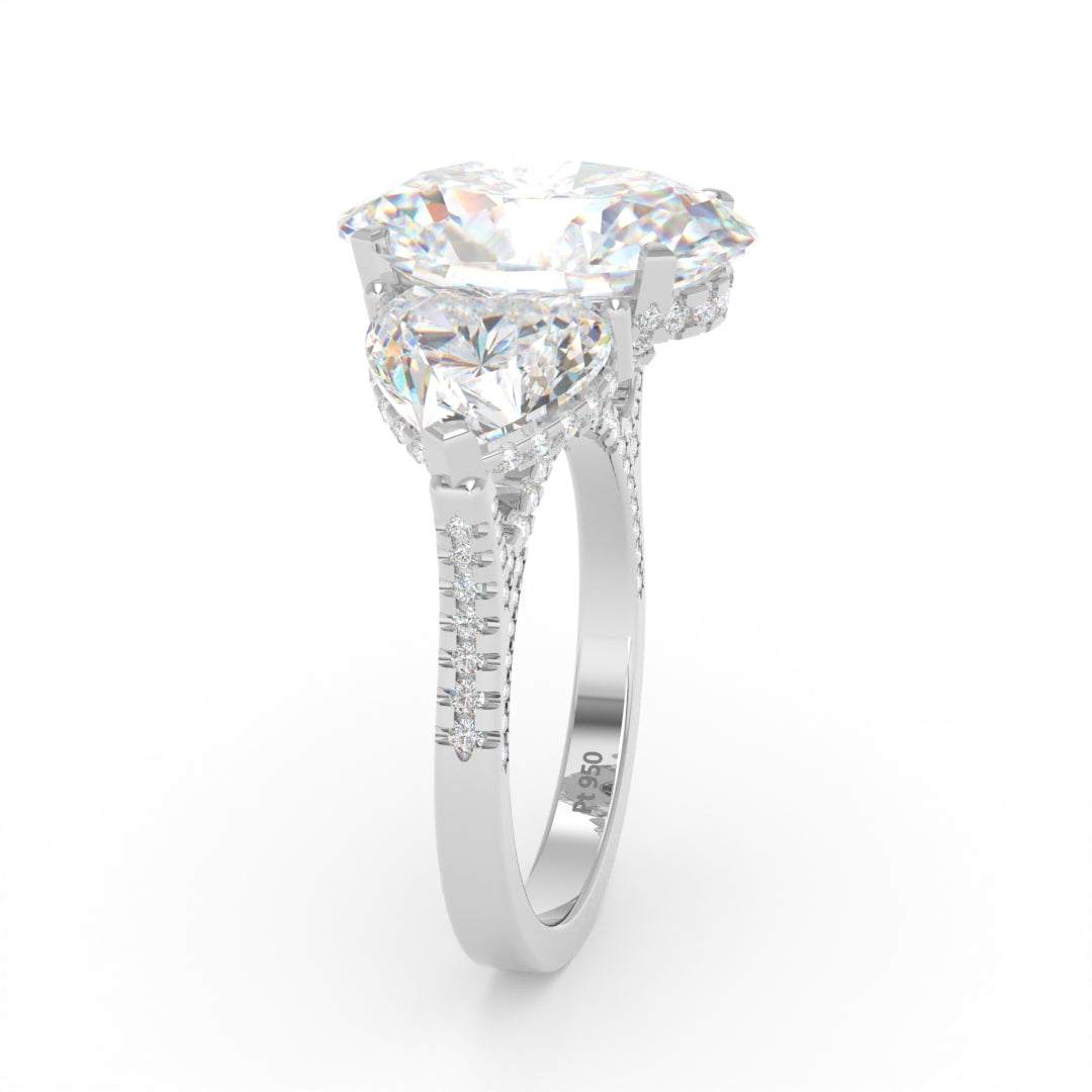 Victoria Oval Cut Diamond Engagement Ring with Heart Cut Side Diamonds and 3D Diamond Band