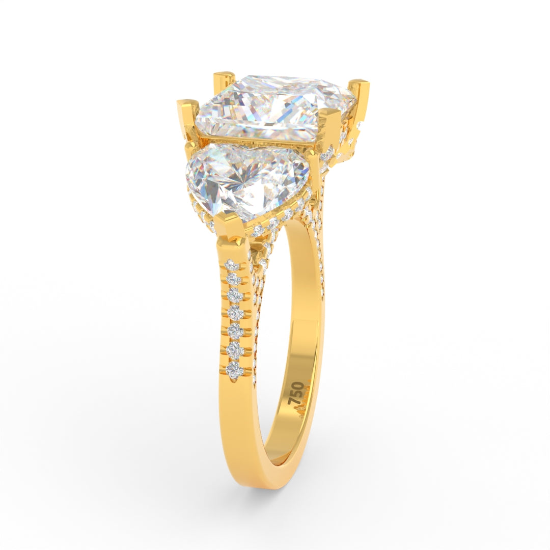 Bague de fiançailles Victoria en diamant taille princesse avec diamants latéraux taille cœur et anneau en diamant 3D