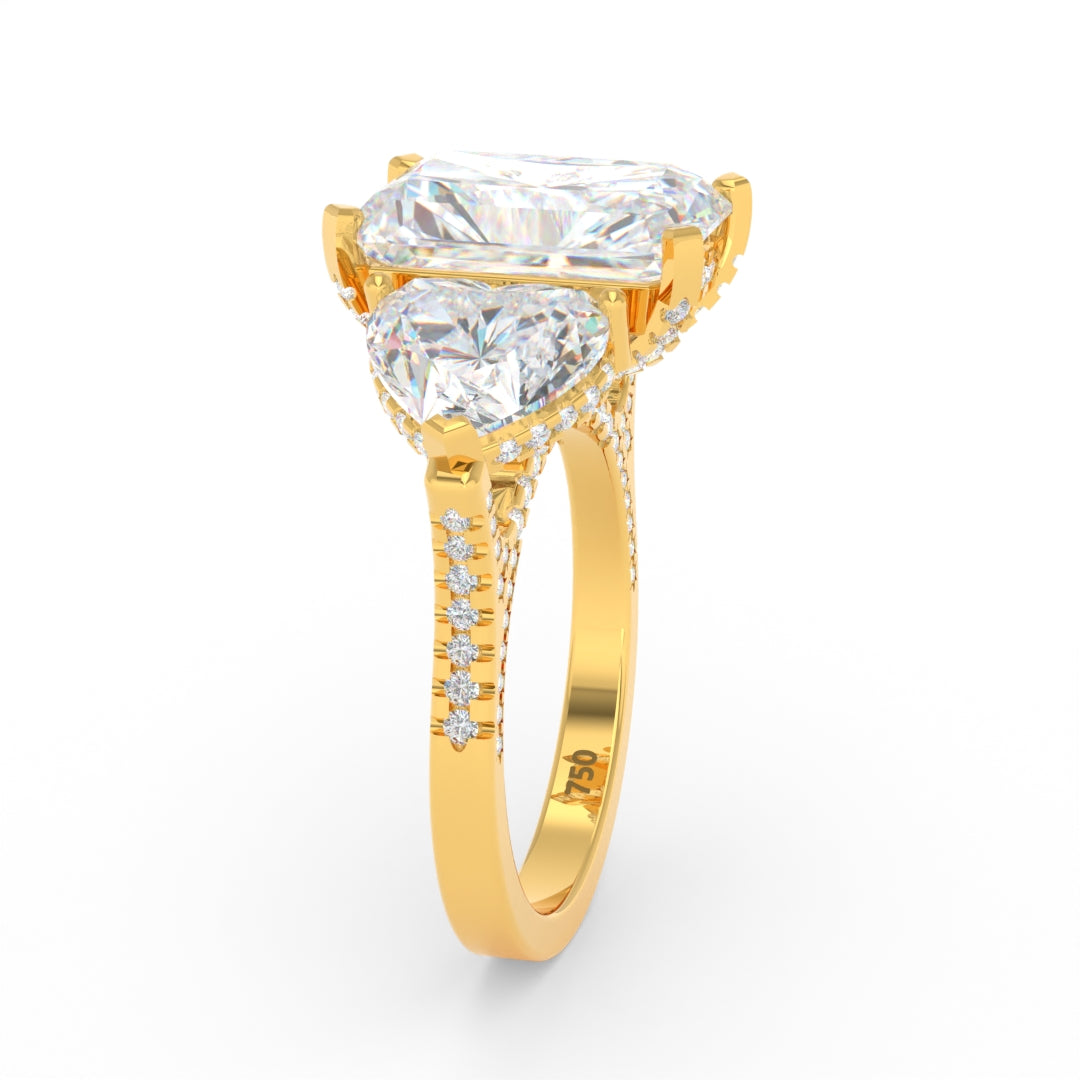 Victoria Radiant Cut Diamond Engagement Ring with Heart Cut Side Diamonds and 3D Diamond Band