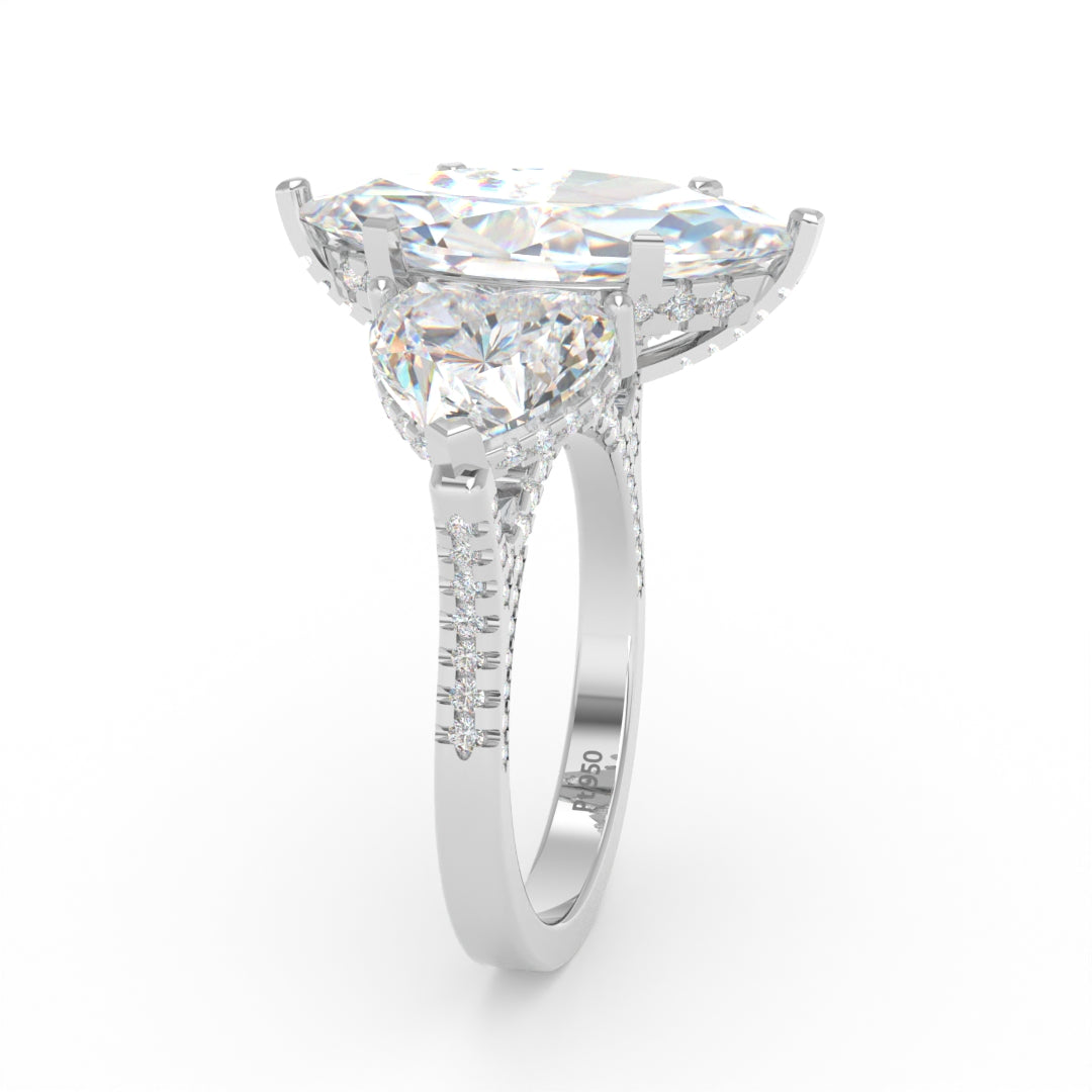 Victoria Marquise Cut Diamond Engagement Ring with Heart Cut Side Diamonds and 3D Diamond Band