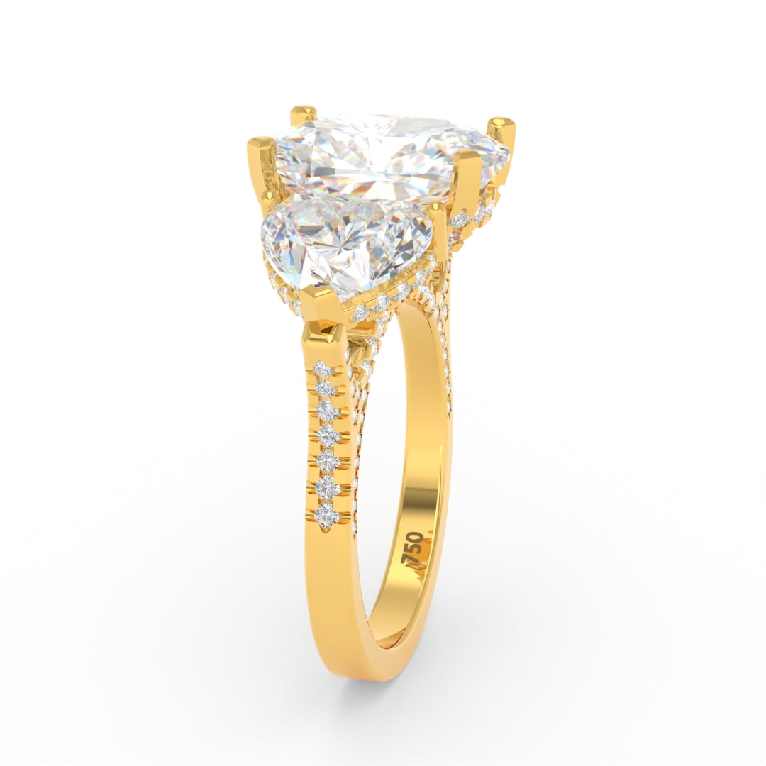 Victoria Cushion Cut Diamond Engagement Ring with Heart Cut Side Diamonds and 3D Diamond Band