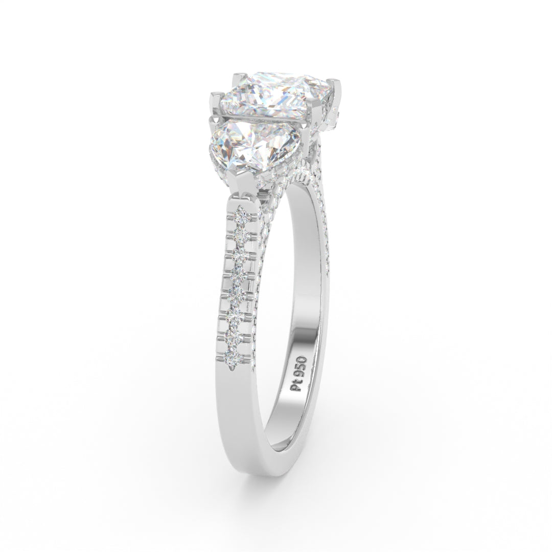 Victoria Princess Cut Diamond Engagement Ring with Heart Cut Side Diamonds and 3D Diamond Band