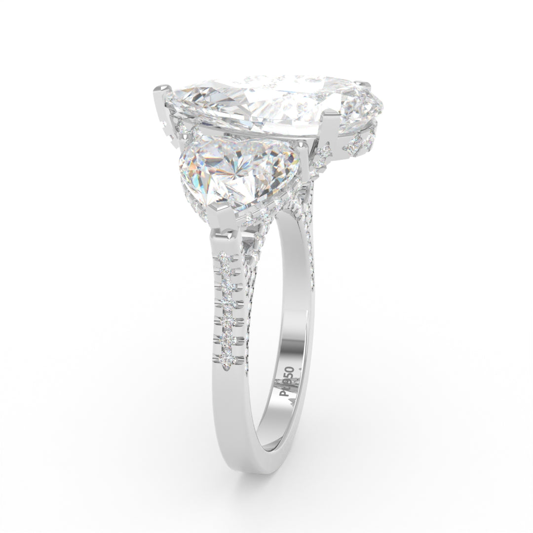 Victoria Pear Cut Diamond Engagement Ring with Heart Cut Side Diamonds and 3D Diamond Band
