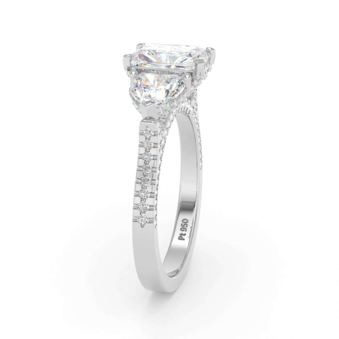 Victoria Radiant Cut Diamond Engagement Ring with Heart Cut Side Diamonds and 3D Diamond Band