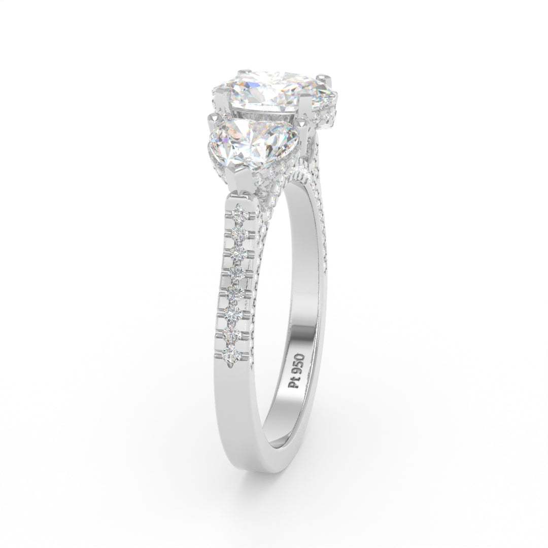 Victoria Oval Cut Diamond Engagement Ring with Heart Cut Side Diamonds and 3D Diamond Band