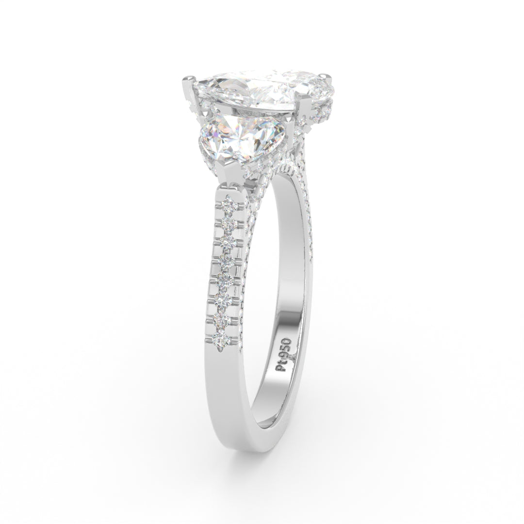 Victoria Pear Cut Diamond Engagement Ring with Heart Cut Side Diamonds and 3D Diamond Band