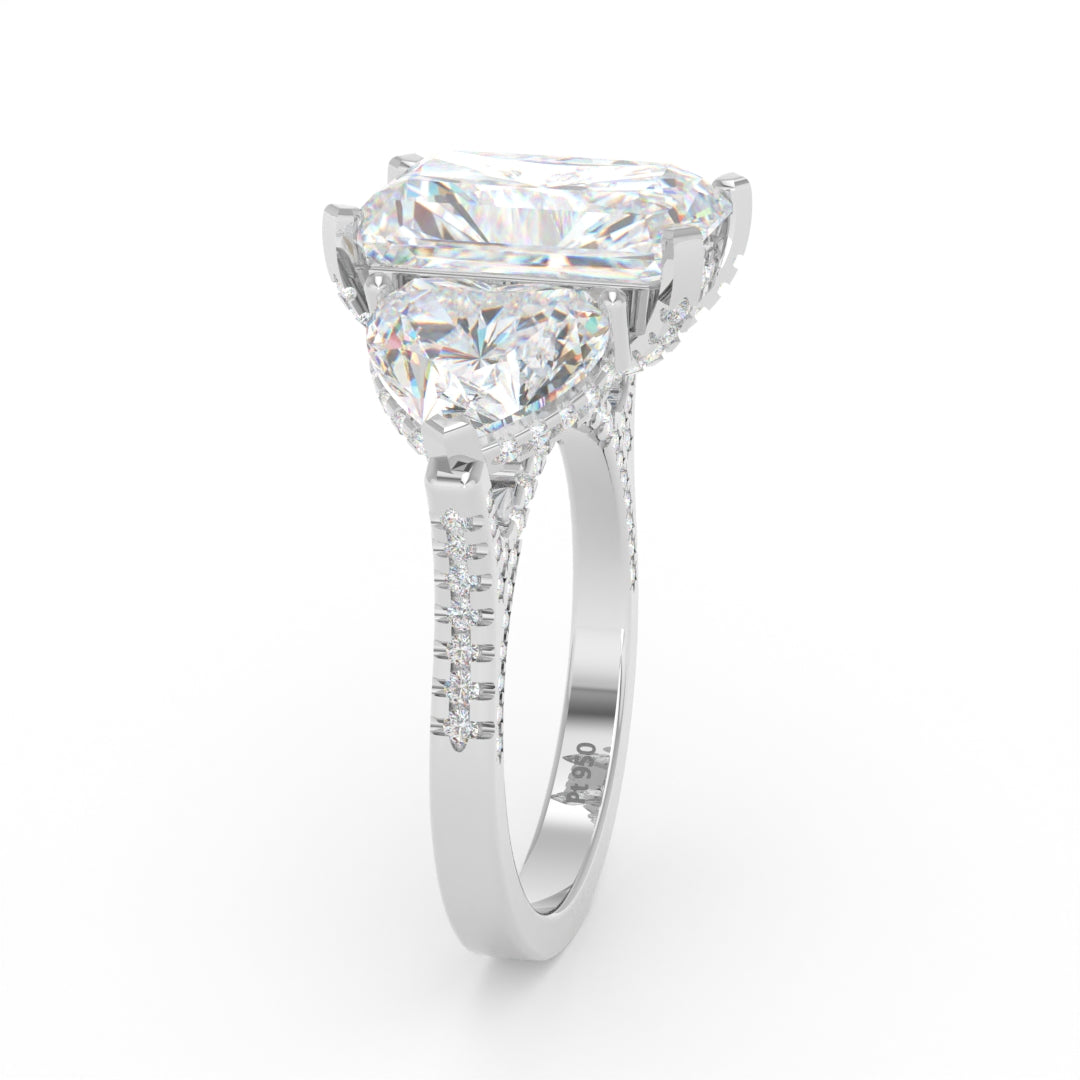 Victoria Radiant Cut Diamond Engagement Ring with Heart Cut Side Diamonds and 3D Diamond Band