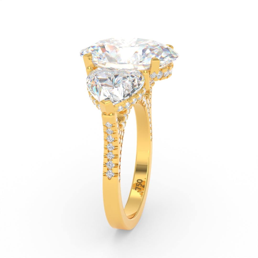 Victoria Oval Cut Diamond Engagement Ring with Heart Cut Side Diamonds and 3D Diamond Band