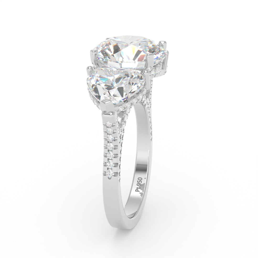 Victoria Round Brilliant Cut Diamond Engagement Ring with Heart Cut Side Diamonds and 3D Diamond Band