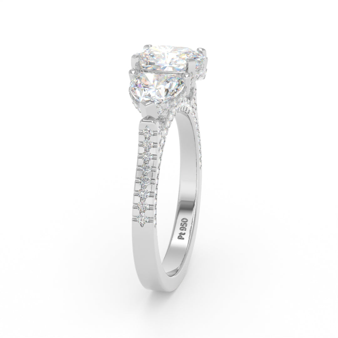 Victoria Cushion Cut Diamond Engagement Ring with Heart Cut Side Diamonds and 3D Diamond Band