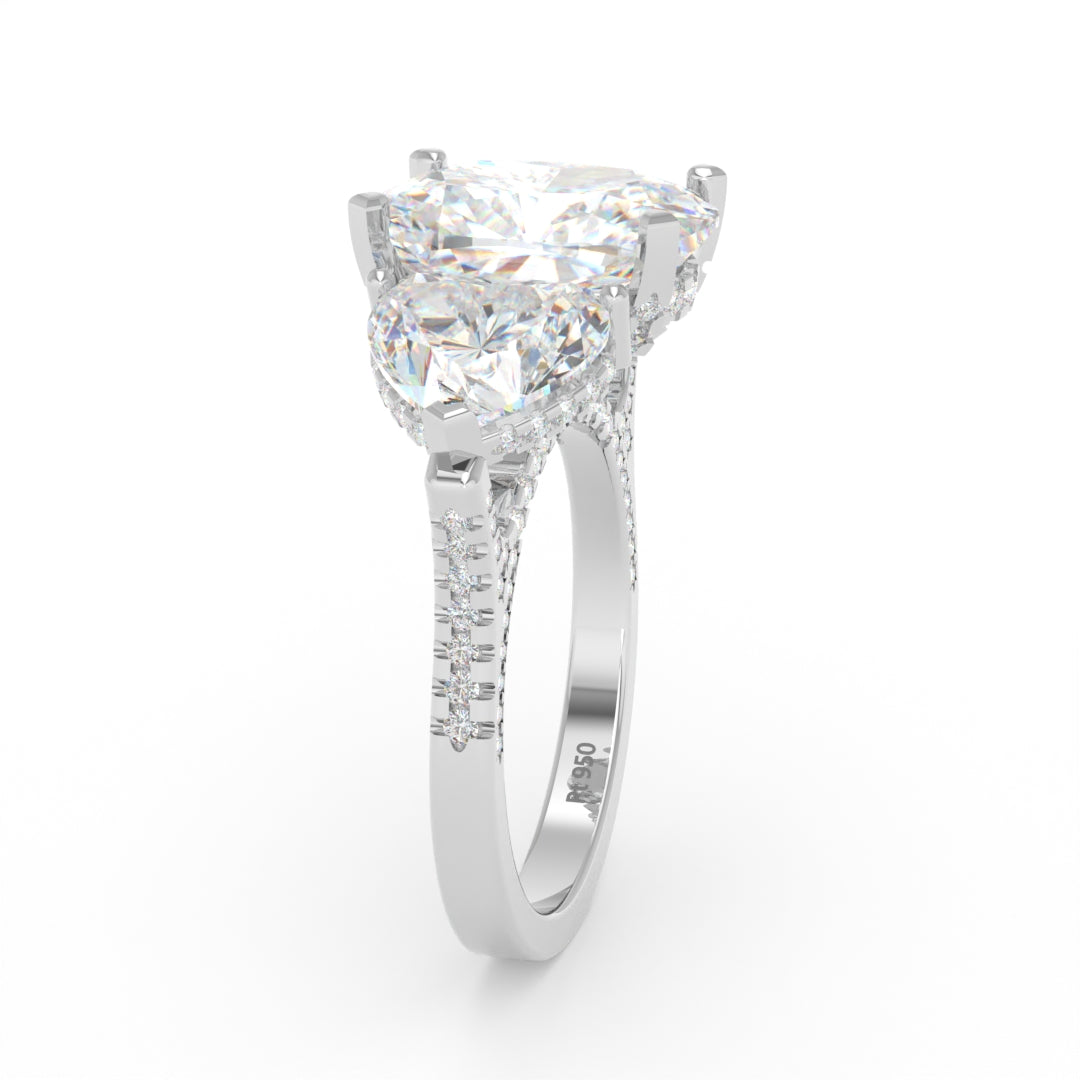 Victoria Cushion Cut Diamond Engagement Ring with Heart Cut Side Diamonds and 3D Diamond Band