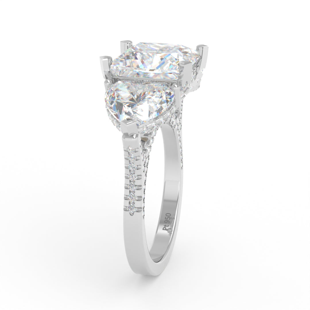 Victoria Princess Cut Diamond Engagement Ring with Heart Cut Side Diamonds and 3D Diamond Band