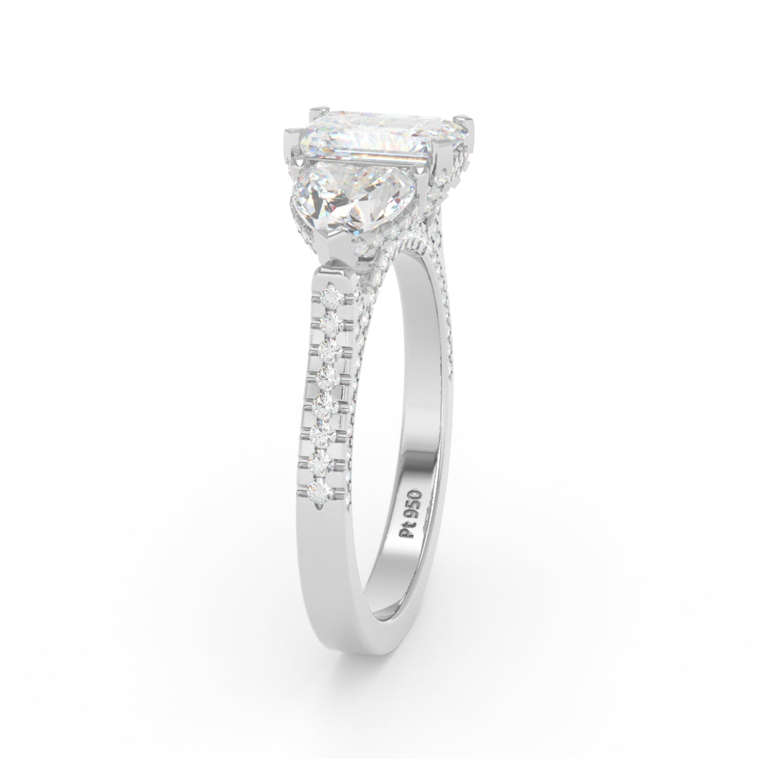 Victoria Emerald Cut Diamond Engagement Ring with Heart Cut Side Diamonds and 3D Diamond Band