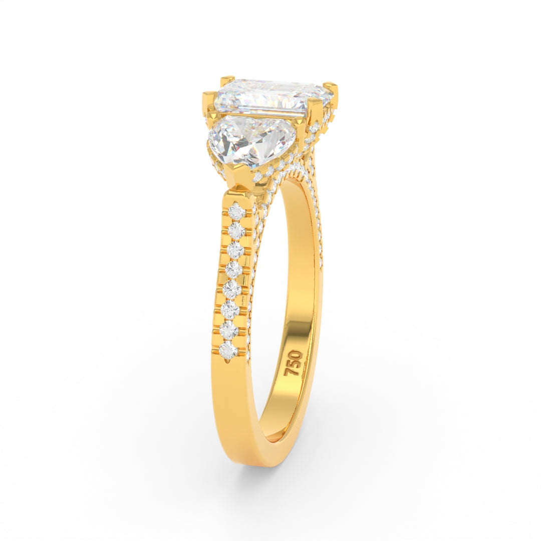 Victoria Emerald Cut Diamond Engagement Ring with Heart Cut Side Diamonds and 3D Diamond Band